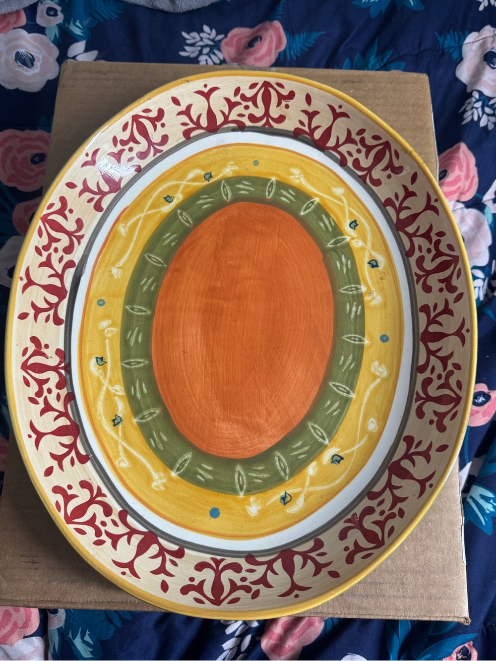 Hand-Painted Decorative Serving Platter - Orange, Yellow & Olive
